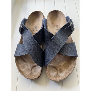 Birkis Birkenstock Womens Size 38 Womens 7 Mens 5 Blue Criss Cross Slide Sandals